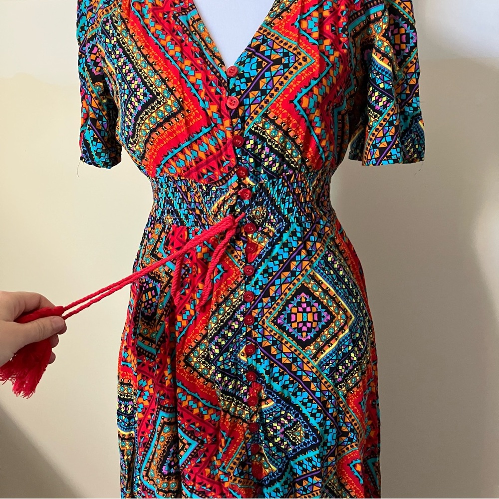 Unknown Brand Red Aztec Print Button Front Short Sleeve Maxi Dress size Small - Picture 4 of 10